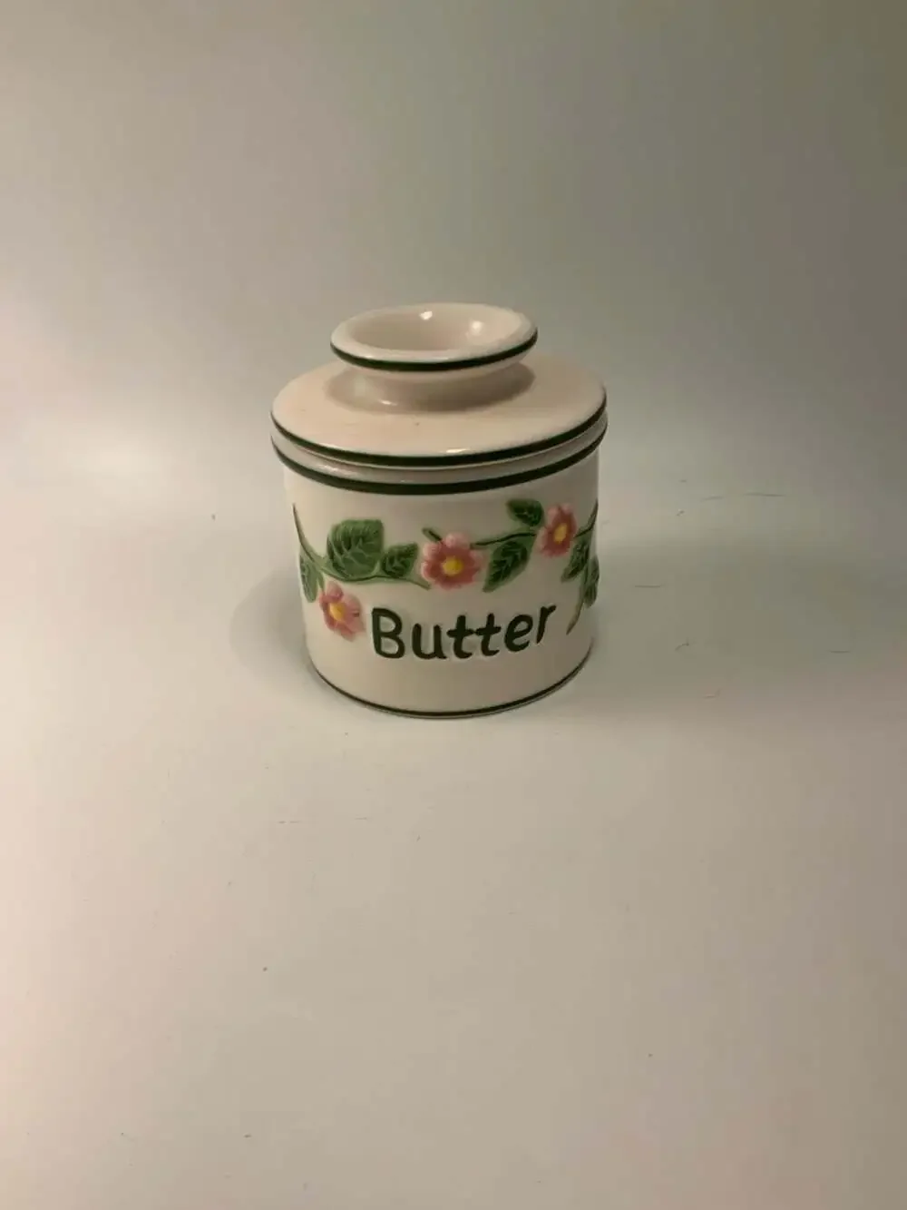 Butter Bell Ceramic French Butter Dish Crock With Pink Floral And Green Trim